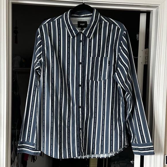 HUF Men's Navy and White Striped Button Down Shirt Funny Message Size- Mens L - Picture 10 of 10
